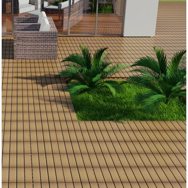 11.8 in. W x 11.8 in. L Outdoor Striped Pattern WPC Composite Interlocking Flooring Deck Tiles (Set of 11) in Oak
