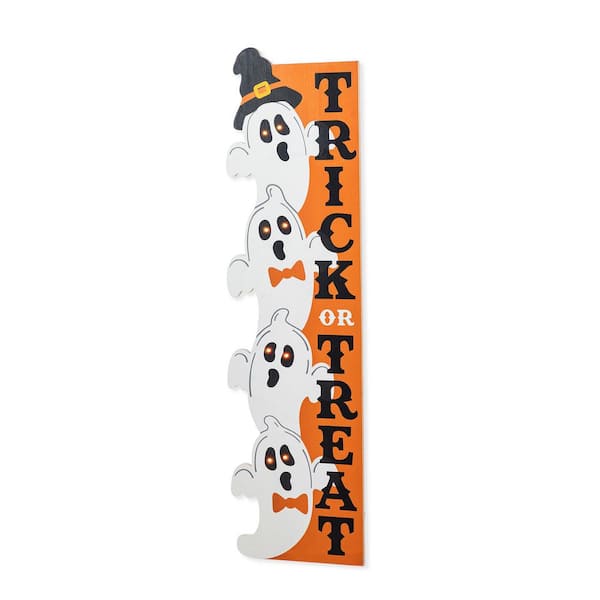 42 in. H Lighted Halloween Wood Stacked Ghost with "Trick or Treat" Porch Sign with Timer
