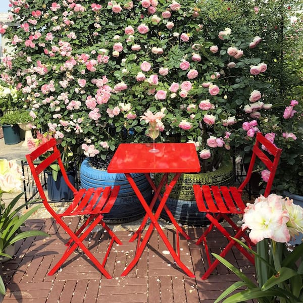Runesay 3-Piece Metal Outdoor Bistro Set with Foldable Square Table and Chairs, Red