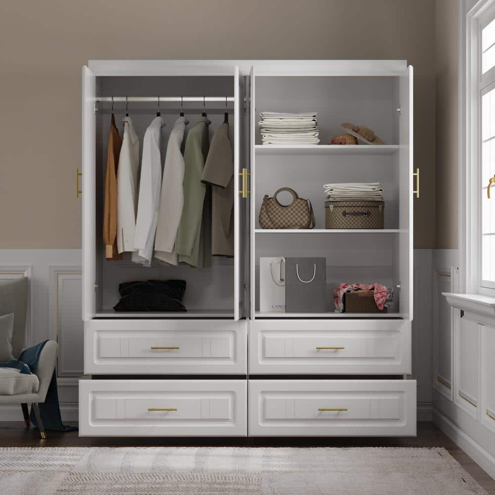 White Wood 63 in. W 4-Door Big Wardrobe Armoires with Hanging Rod, Drawers, Storage Shelves 74.2 in. H x 20.6 in. D - thumbnail 2