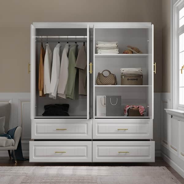 White Wood 63 in. W 4-Door Big Wardrobe Armoires with Hanging Rod, Drawers, Storage Shelves 74.2 in. H x 20.6 in. D