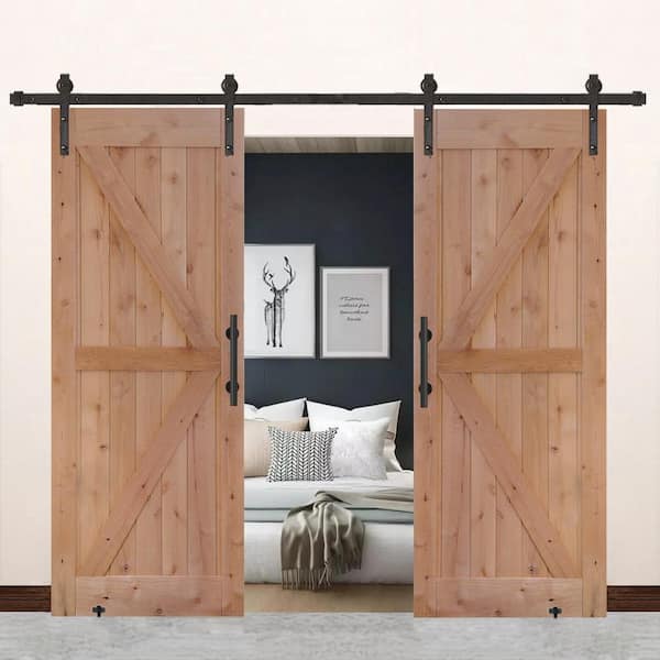 60 in. x 84 in. Assembled Bi-Parting Rustic Unfinished Hardwood Interior Sliding Barn Door Slab with Hardware Kit