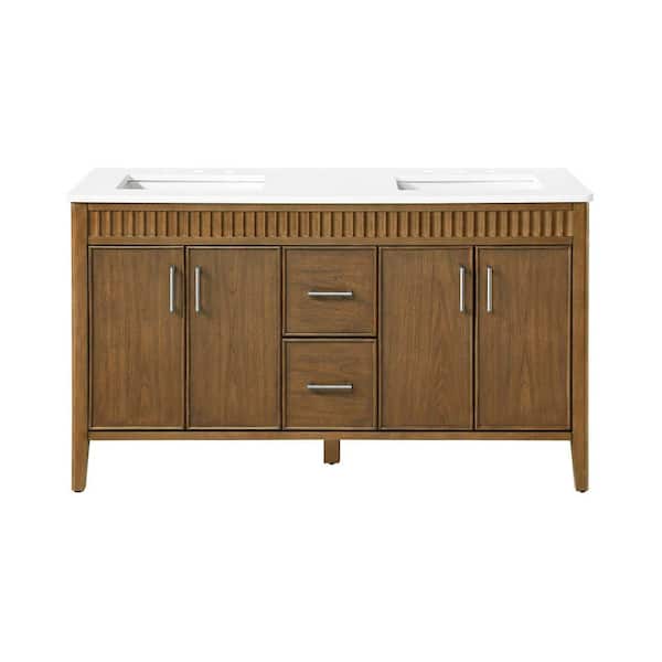 Juliette 60 in. Double Sink Freestanding Warm Walnut Bath Vanity with White Quartz Top and Brushed Nickel Hardware