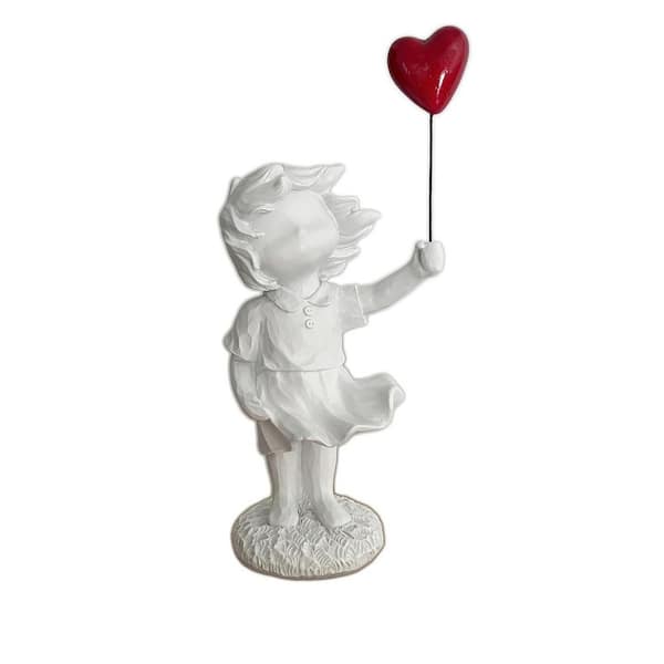Unbranded 6" Girl with Red Heart Balloon Resin Statue:White Collectible Home Decor Figurine