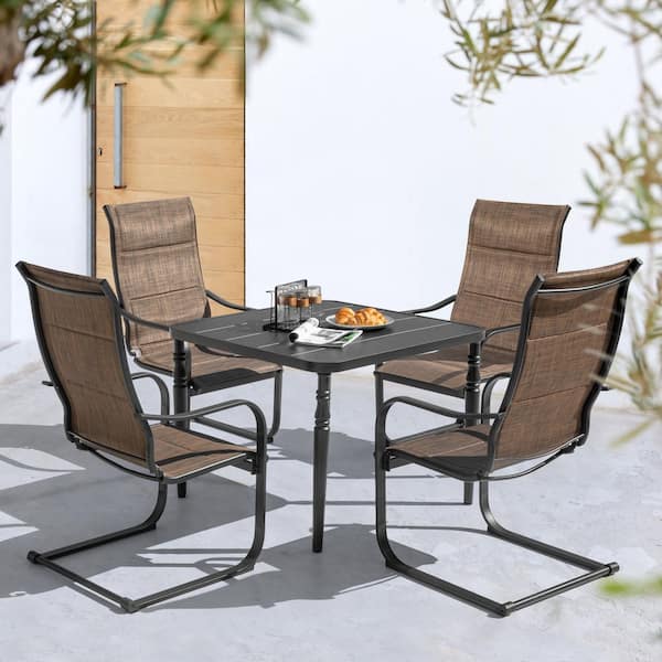 Nuu Garden Black 5-Piece Textilene and Metal Square Outdoor Dining Set with 6 C-Spring Motion Chairs and Umbrella Hole