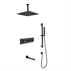 3-Spray 11.8 in. Dual Shower Heads Square Ceiling Mount Fixed and Handheld Shower Head w/Shower Faucet in Matte Black