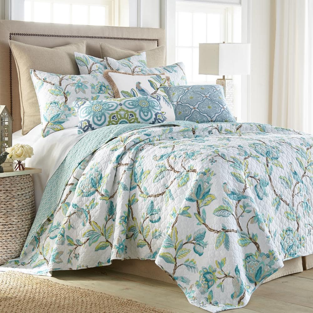 LEVTEX HOME Cressida 3-Piece Teal Floral, Bird Cotton King/Cal
