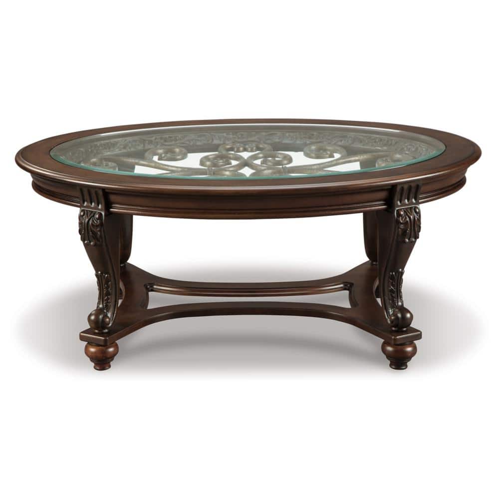 Brown Oval Wood and Glass Cocktail Table