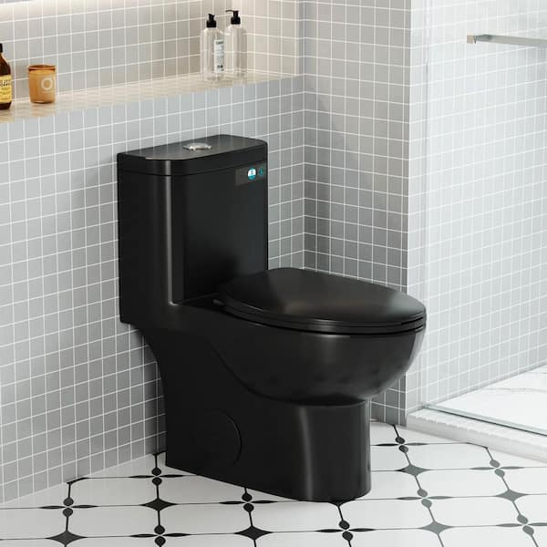 12 in. 1-Piece 1.1/1.6 GPF Dual Flush Elongated Toilet in Matte Black, Seat Included-ADA 17 in. Comfort Height