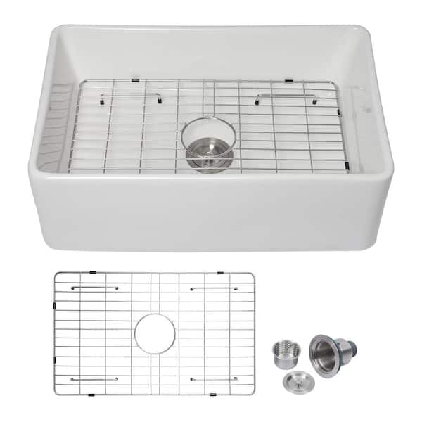 Ceramic White 30 in. Single Bowl Farmhouse Apron Front Kitchen Sink with Bottom Grid