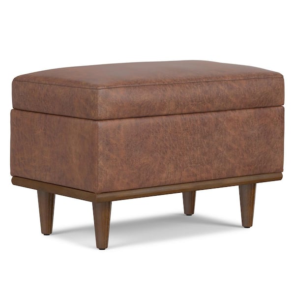 Simpli Home Shiloh 26 in. Wide Transitional Contemporary Small Storage Ottoman in Distressed Saddle Brown Vegan Faux Leather