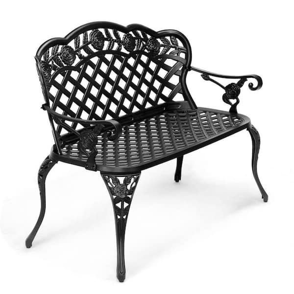 42.5 in. 2-3 Person Cast Aluminum Outdoor Bench Black Antique Finish Wrought Iron Bench Metal Rose Patio Bench for Porch
