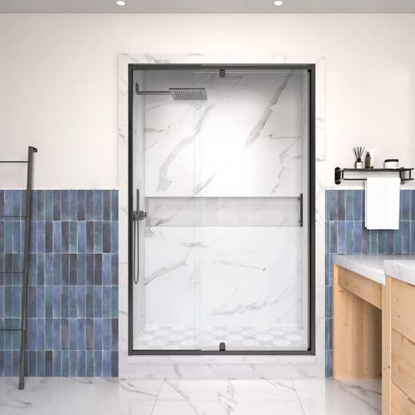 Modern 42 in. W x 71 in. H Pivot Swing Semi-Frameless Shower Door in Matte Black Finish with 1/4 in. (6mm) Clear Glass