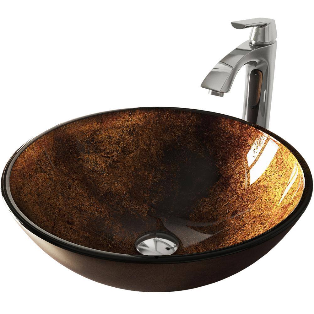 Russet Gold and Brown Glass Round Vessel Sink with Chrome Faucet