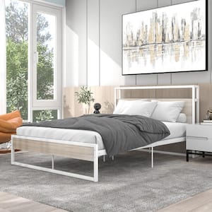 55 in.W White Full Size Metal Platform Bed Frame with Sockets and USB ports, Bed Frame Full with Headboard and Footboard