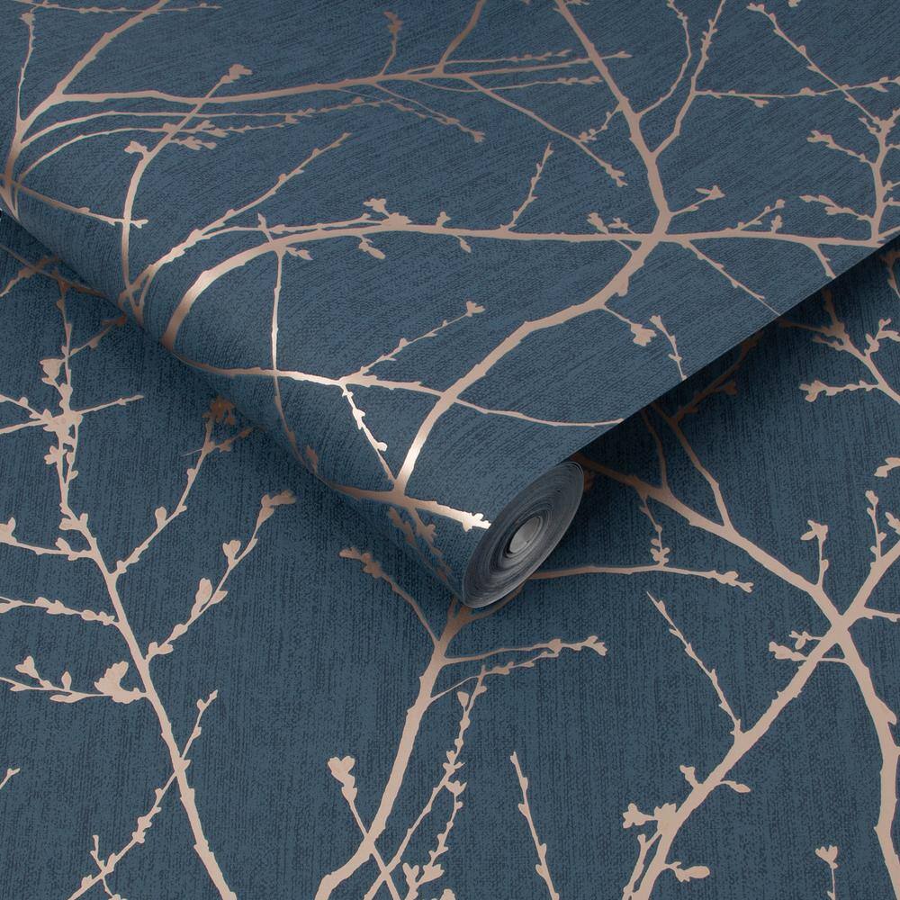 Navy and Copper Foil Floral Wallpaper