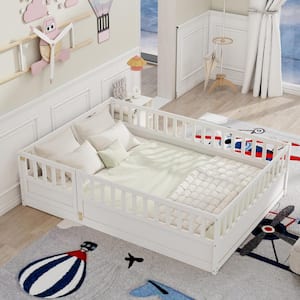 White Full Size Wood Frame Floor Bed, Platform Bed with High Security Fence and Door, Support Slats
