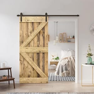 36 in. x 84 in. Distressed K Series Weather Oak Solid DIY Knotty Pine Wood Interior Sliding Barn Door with Hardware Kit