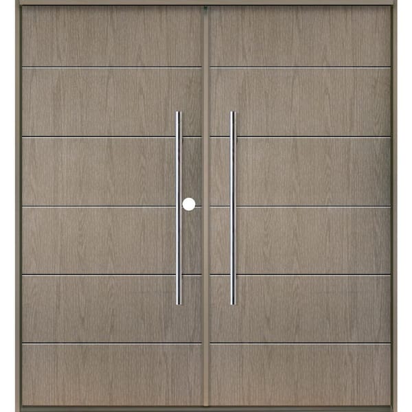 Krosswood Doors TETON Modern Faux Pivot 72 in. x 80 in. Left-Active/Inswing Oiled Leather Stain Double Fiberglass Prehung Front Door