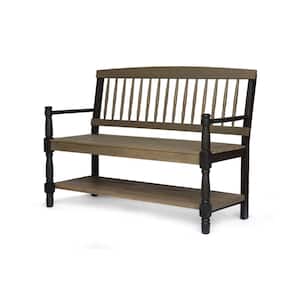 2-Person Gray and Black Wood Outdoor Patio Bench with Shelf for Garden, Backyard, Balcony and Poolside