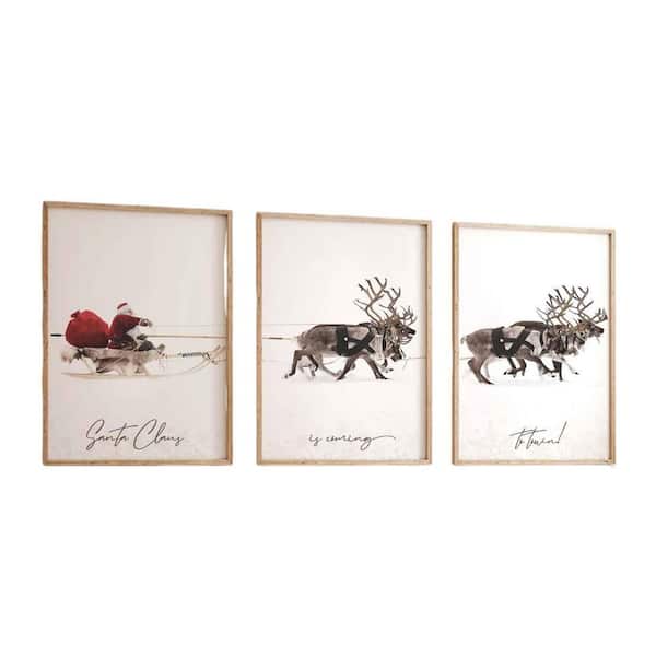 3-Piece 16 in. x 24 in. Large Christmas Canvas Printed Wall Art with Santa Claus and Sleigh Deer for Winter Wall Decor