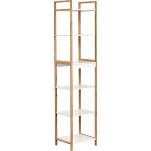 Wall Leaning 5 Shelves 13.8 in. W x 15.14 in. D x 71 in. H Bamboo and White Free Standing Linen Cabinet