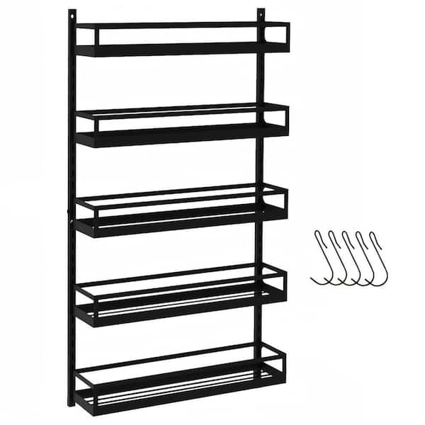 5 Tier Black Wall Mount Height Adjustable Spice Rack Organizer Hanging Shelf for Kitchen Pantry Cabinet