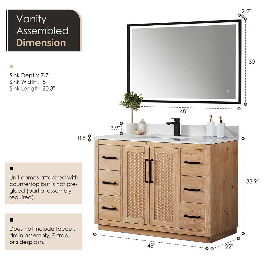 Altair 48" Light Brown Fir Wood Bathroom Vanity with Calacatta Quartz Top