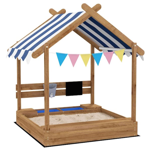 3.8 ft. W x 4 ft. L Wooden Sandbox with Canopy House Design for 3-7 Years Old