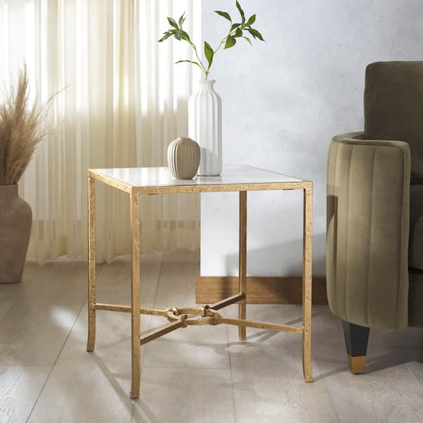 Tauri 18.8 in. Brass/White Square Iron End Table