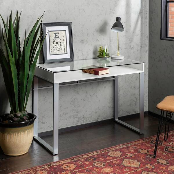 Walker Edison Furniture Company 42 in. White and Gray Modern Glass Top Desk