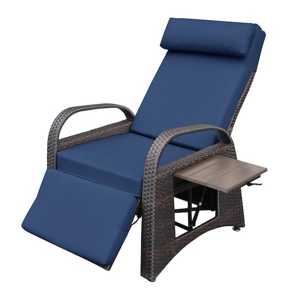 Sudzendf Brown Wicker Outdoor Adjustable Reclining Chaise Lounge with Navy Blue Cushion