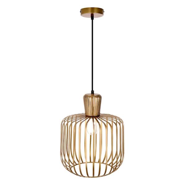Jamie 40-Watt 1-Light 11.75 in. Antique Brass Cage Pendant Light with Globe Shade