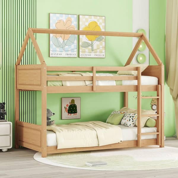 Natural Yellow Twin Over Twin Size Bunk Bed with Headboards and Guardrails