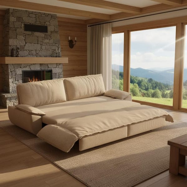 CHAN 73.2 in. Oatmeal Beige Corduroy 2-Seat 3-in-1 Convertible Sleeper Sofa Bed with Pull-Out Queen Size Bed