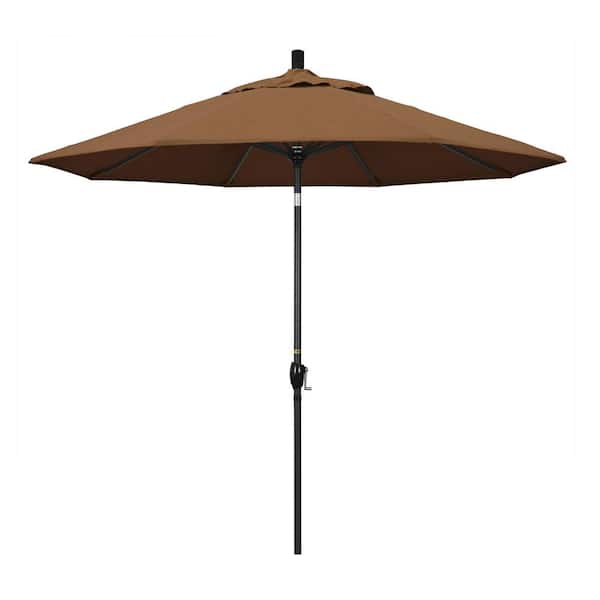 California Umbrella 9 ft. Black Aluminum Pole Market Aluminum Ribs Push Tilt Crank Lift Patio Umbrella in Teak Sunbrella
