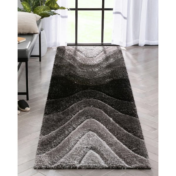 San Francisco Luz Modern Geometric Shag Hand-Carved, Black 2 ft. 7 in. x 9 ft. 10 in. Runner, Area Rug