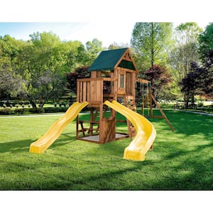 Castlebrook Ready-To-Assemble Wooden Outdoor Playset with 2 Slides, Rock Wall, Swings and Swing Set Accessories