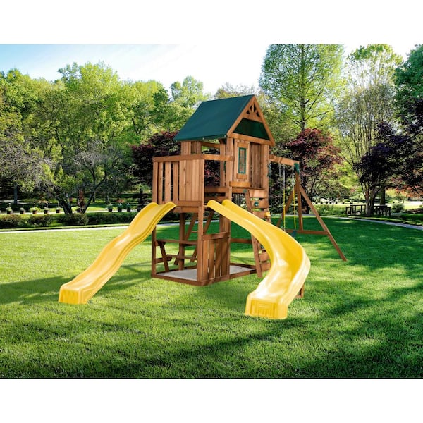 Swing-N-Slide Playsets Castlebrook Ready-To-Assemble Wooden Outdoor Playset with 2 Slides, Rock Wall, Swings and Swing Set Accessories