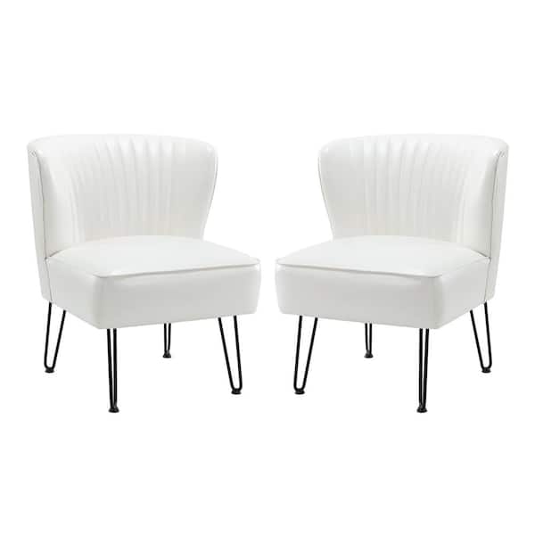 JAYDEN CREATION Christiano Modern Ivory Faux Leather Comfy Armless Side Chair with Thick Cushions and Metal Legs Set of 2