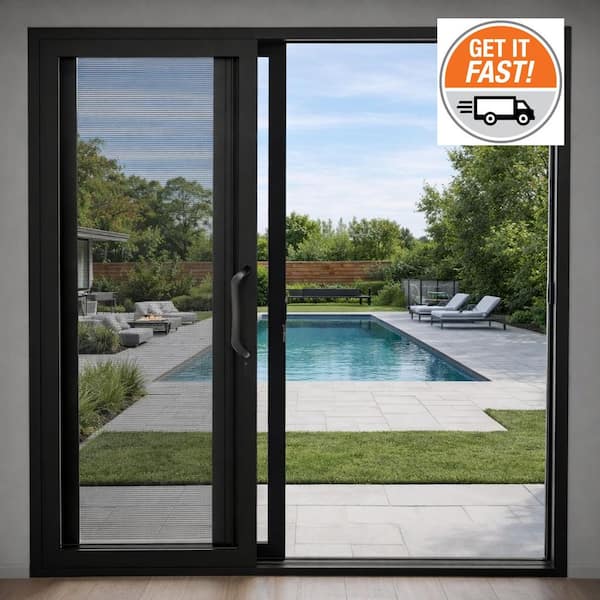 96 in. x 80 in. Matte Black Universal Handing Aluminum Sliding Patio Door with Aluminum Frame and Lockset