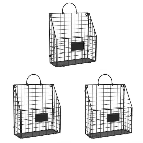 Black Hanging Wall File Holder, Metal Wall Mount Magazine Rack with Handles and Hooks for Home Office (3-Pack)