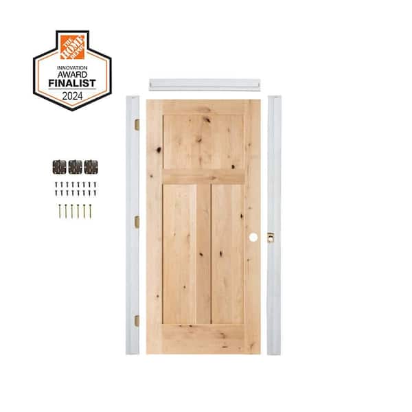 DIY RTA KIT 36in.x80in. Craftsman 3 Panel Left-Hand Knotty Alder Wood Unfinished Single Ready To Assemble Interior Door