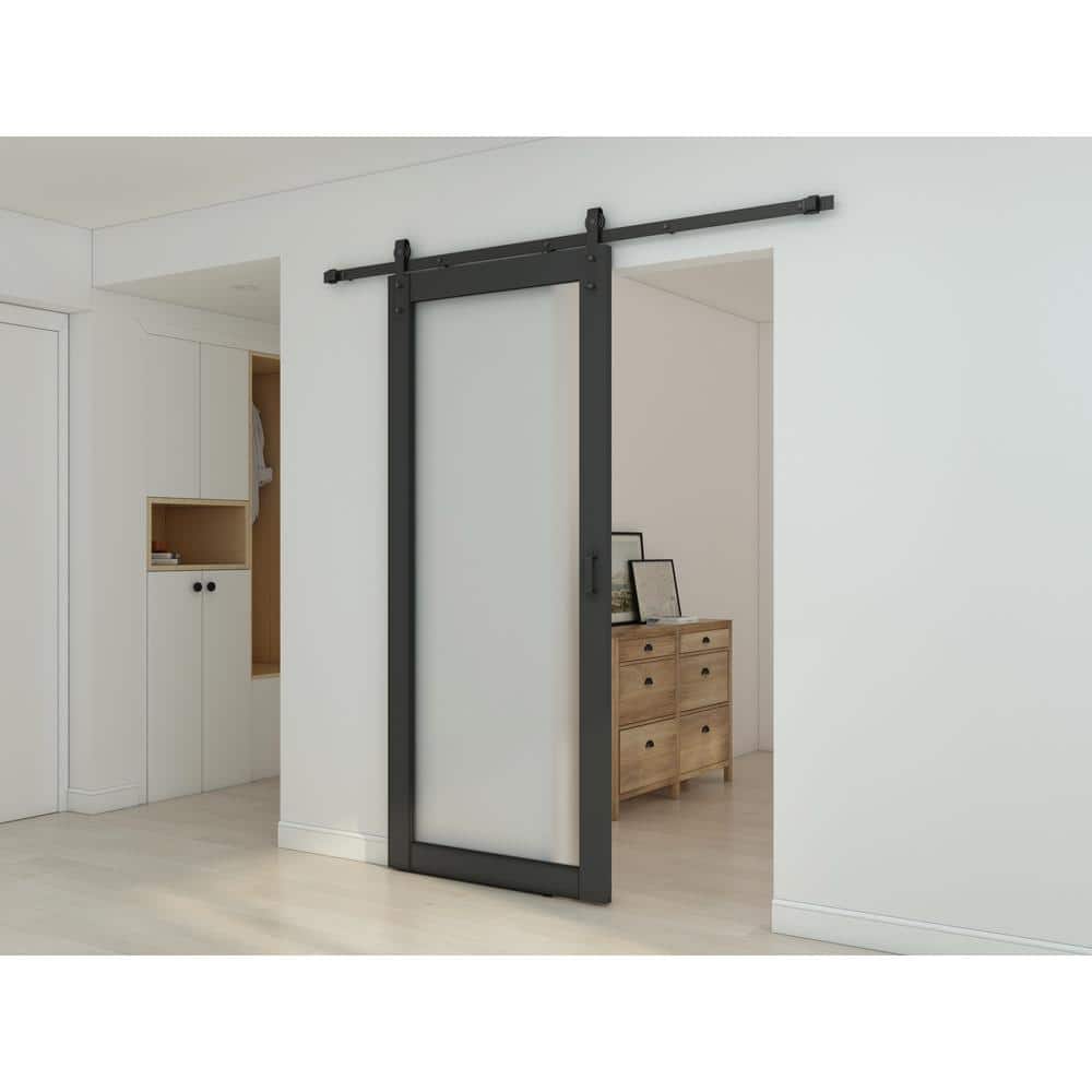 36-in x 84-in Black MDF Barn Door with Frosted Glass