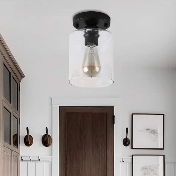 8.3 In. 1-Light Black Semi Flush Mount Ceiling Light with Clear Glass Shade and E26 Socket, No Bulb Included