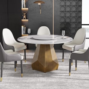 53 in. White Circular Rotable Sintered Stone Tabletop with Lazy Susan Pedestal Base Kitchen Dining Table (Seats-6)