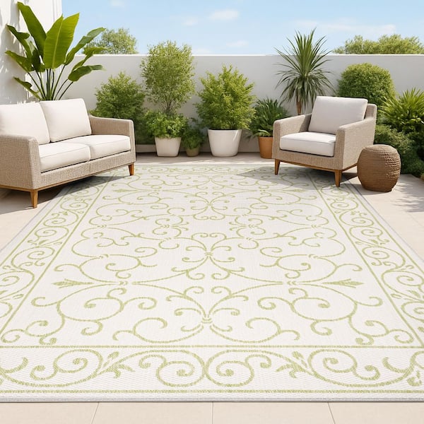 Charleston Vintage Filigree Textured Weave Cream/Green 9 ft. x 12 ft. Indoor/Outdoor Area Rug