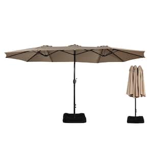 15 ft. Steel Market Outdoor Crank Umbrella in Tan with Base and Sandbags