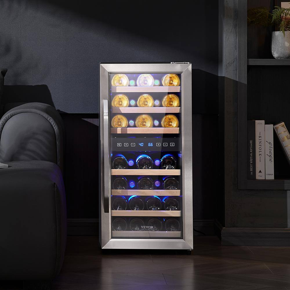 33-Bottle Dual Zone Black Stainless Steel Wine Cooler with LED Lighting