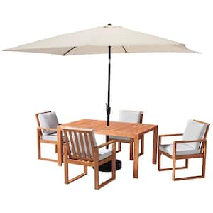 6-Piece Set, Weston Wood Outdoor Dining Table Set with 4-Cushioned Chairs, 10 ft. Rectangular Umbrella Beige